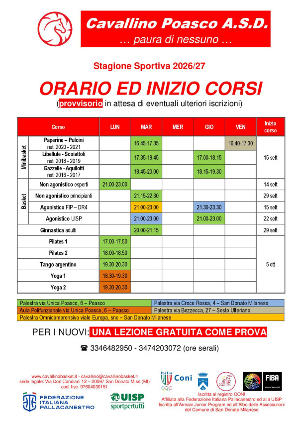 Orario (provvisorio) ed inizio corsi 26-27